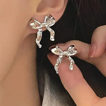 DAIIIBABYYY  -  Korean Fashion Ribbon Bow-knot Earrings for Women Cute Bow Metal Stud Earring Girls Charm Wedding Party Jewelry Gift